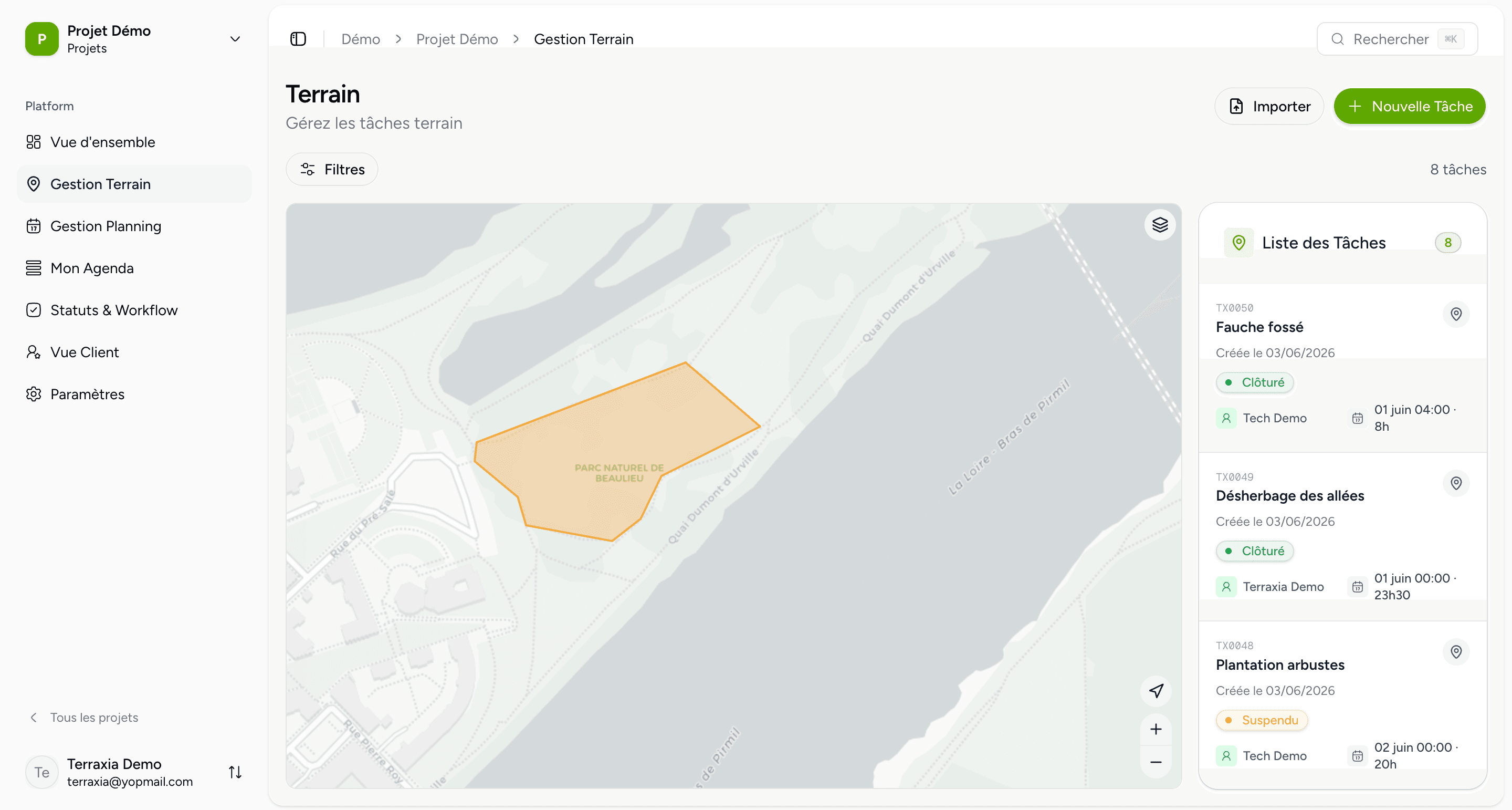 Cartographie des zones d'intervention dans Terraxia